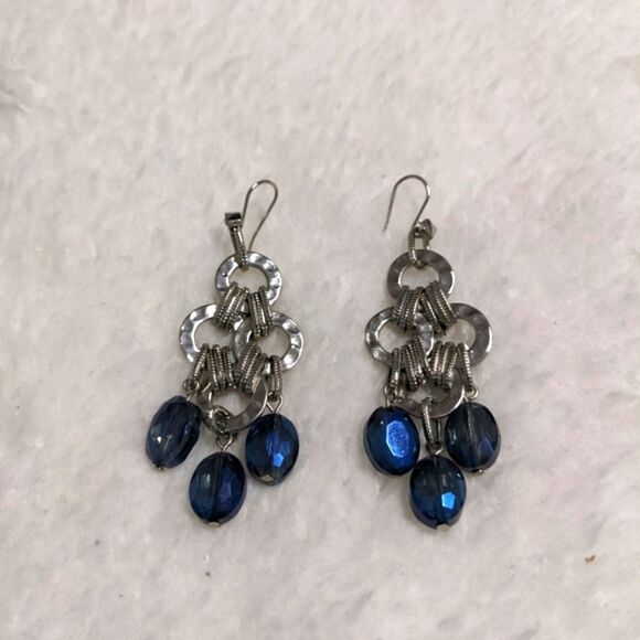 Vintage & Blue Bead & Silvertone Dangle Pierced Earrings - Picture 6 of 6